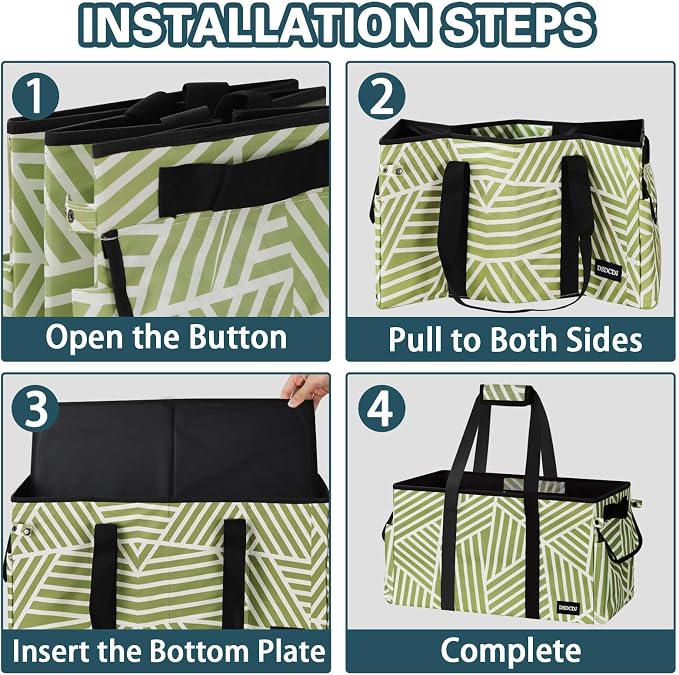 Standing Extra Large Utility Tote Bag with Hard Bottom & Hard Sides, Heavy Duty Reusable Grocery Bags with Handles & 3 Pockets for Shopping, Picnics, Camping, Laundry, Car, Beach Tote Bag
