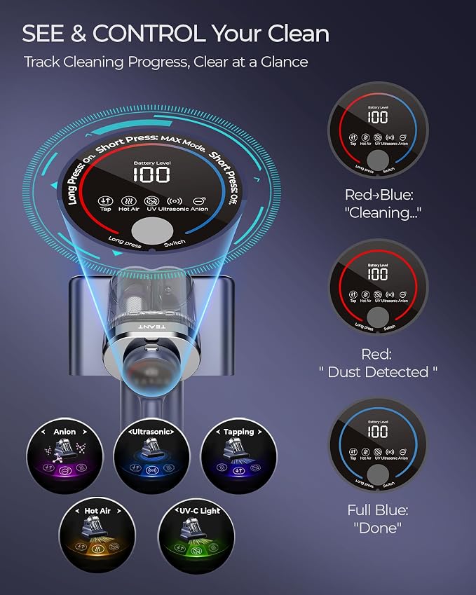 Teant Upgrade Cordless Mattress Vacuum with 18kPa Ultra-Deep Suction, 2-Speed Bed Vacuum with 33000 RPM/Min Roller Brush, 253.7nm UV-C Light & LED Display, HEPA, 149℉ Heat, Aroma & Anion for Bed Sofa