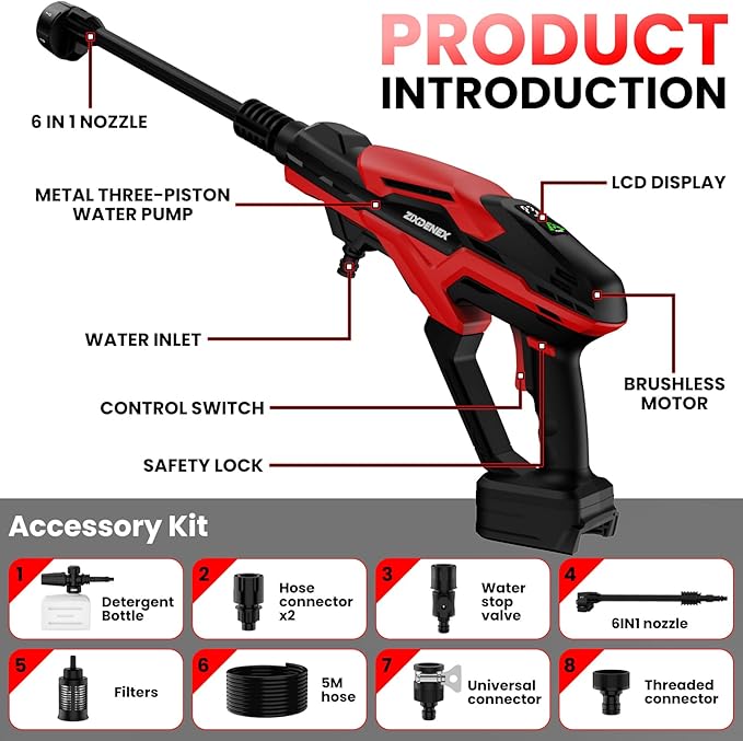 Cordless Portable Cleaning Tool for Milwaukee 18V Battery, 800 PSI Handheld Cleaning Tool with Brushless Motor, 6-in-1 Nozzle, 3 Level Adjustable for Car Yard Fence Wall Clean (Battery Not Included)