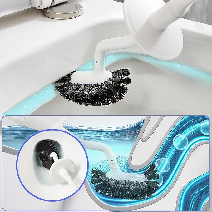 Toilet Brush & Pumice Stone Brush Combo, 2-in-1 Toilet Bowl Brush with Curved Deep Cleaning Brush and Extended Handle, Dual-Slot Holder Set, Compact Size Toilet Cleaner Brush Organizer (Dark Grey)