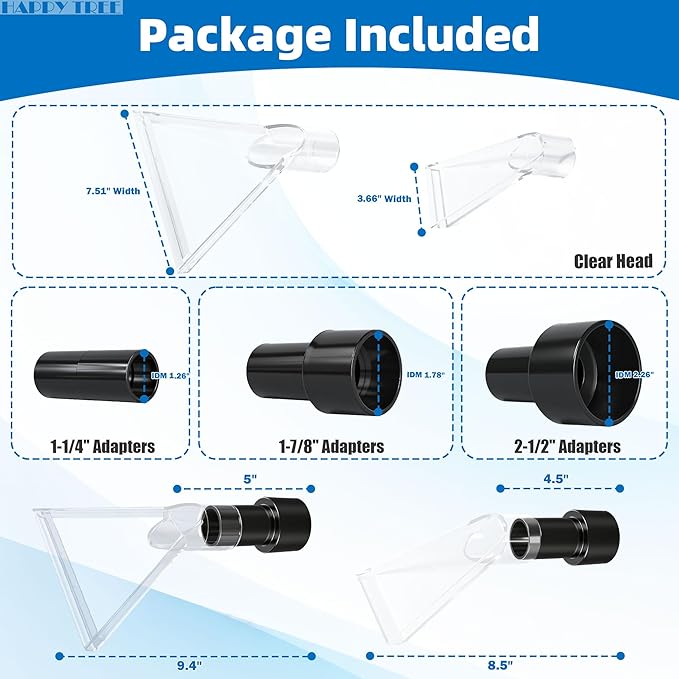 Happy Tree Universal Fits All Shop Vacs with 2-1/2"& 1-7/8" & 1-1/4" Adapters Large 7-1/2"& Small 3-1/2" Clear Head for Upholstery/Carpet Cleaning, Shop Vac Extractor Attachment