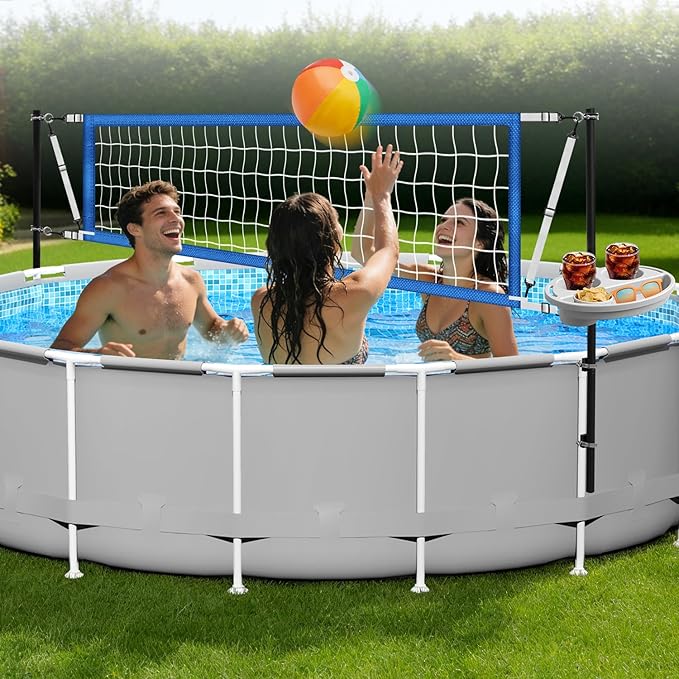 Above Ground Pool Volleyball Net Set with Storage Tray – Adjustable 10-20FT Anti-Sag Net, Poles, Ball & Installation Accessories – Fun Outdoor Swimming Water Games for Kids Adults Family