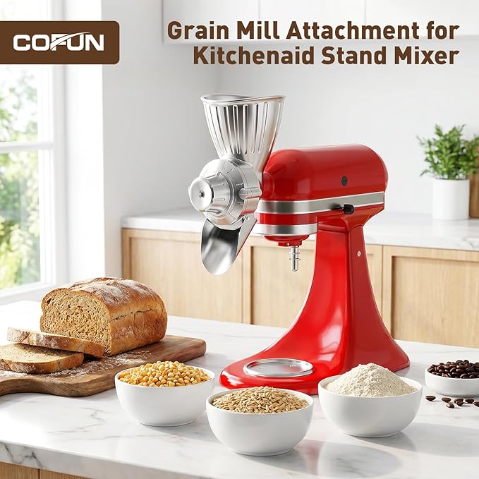 COFUN Grain Mill Attachment for Kitchen Aid Mixer, 9 Adjustable Levels All Metal Flour Mill, Fit for Wheat, Corn, Oats, Buckwheat, Millet, Coffee Beans & Dry Low-Oil Grains