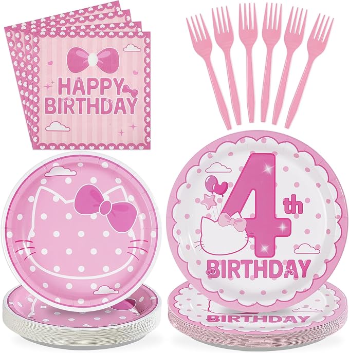 96Pcs Pink Kitten 4th Birthday Party Decorations Pink Cat Dot Plates and Napkins Tableware Set Cartoon Cat Theme 4th Birthday Decorations for Four Years Old Girls Party Supplies Serves 24