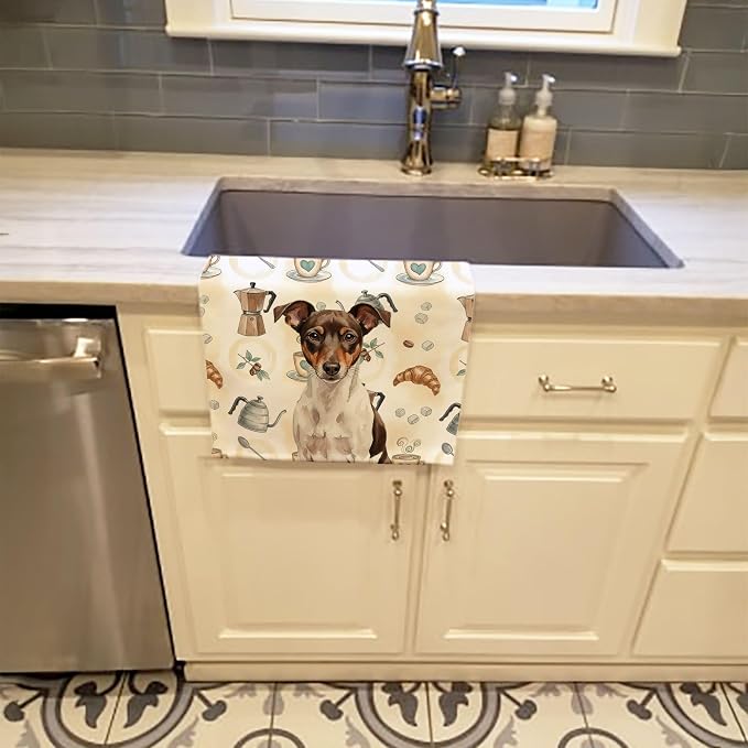 Caroline's Treasures Chocolate and White Rat Terrier Coffee Bar Kitchen Towel Velour Plush Front and Cotton Loop Back Machine Washable
