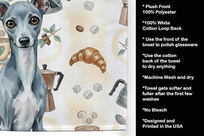 Caroline's Treasures Blue Italian Greyhound Coffee Bar Kitchen Towel Velour Plush Front and Cotton Loop Back Machine Washable