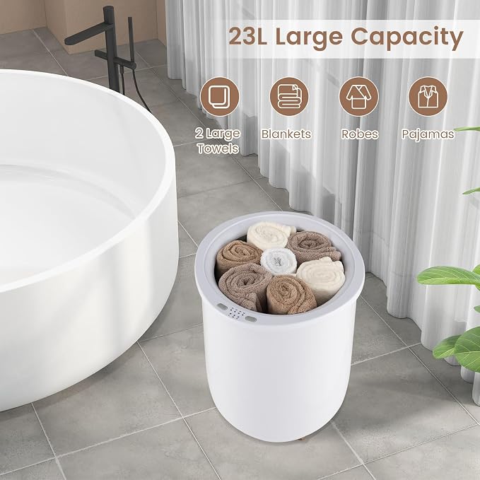Giantex Towel Warmer Bucket, 23L Large Hot Towel Bucket for Bathroom Spa, Wood Handle, 3 Heating Modes, Adjustable Timer & Auto Shut Off, Fits Up to Two 40" x 70" Oversized Towels, Blankets, White