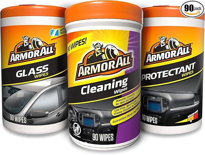 Armor All Protectant, Glass and Cleaning Wipes, Wipes for Car Interior and Car Exterior, 90 Count Each (Pack of 3)