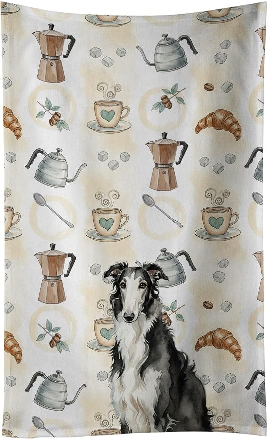 Caroline's Treasures Black and White Borzoi Coffee Bar Kitchen Towel Velour Plush Front and Cotton Loop Back Machine Washable