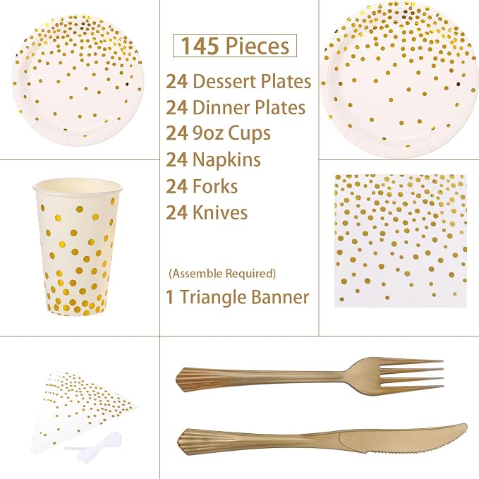 White and Gold Party Supplies 145PCS Disposable Party Dinnerware Paper Plates, Napkins, Knives, Forks, Cups, Banner, for New Year Eve 2026, Bridal Shower, Wedding, Birthday, Serves 24
