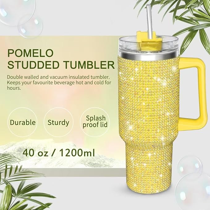 HWISDMIG 40oz Tumbler with Handle-Glitter Rhinestones Tumbler Bling Cups Stainless Steel Water Bottle Diamond Studded Tumbler for Women-Birthday Gifts for Women, Mom, Girlfriend (Pomelo)