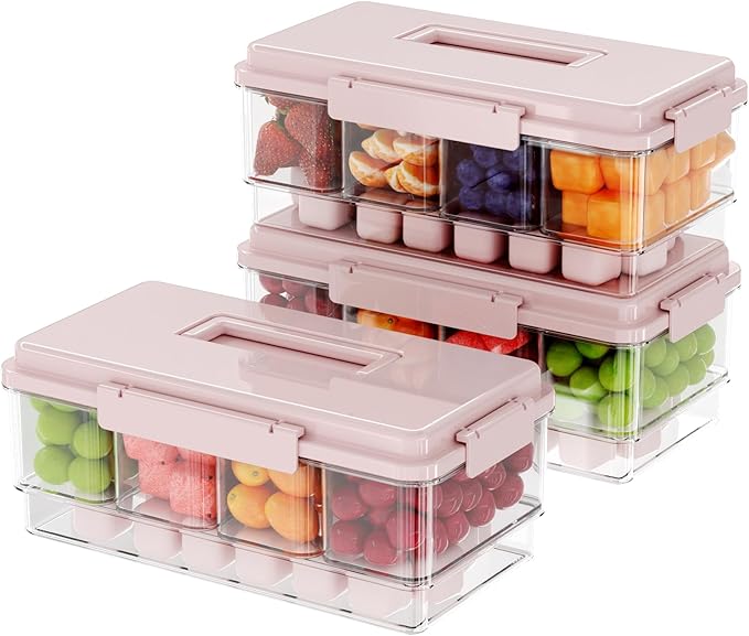 3Pack Chilled Condiment Caddy with 4 Containers 4 Lids Fruit Serving Tray Platter with Handle Portable Snackle Box Organizer Server with Ice Pack for Mimosa Bar Supplies,Salad,Taco,Party Garnish,Pink