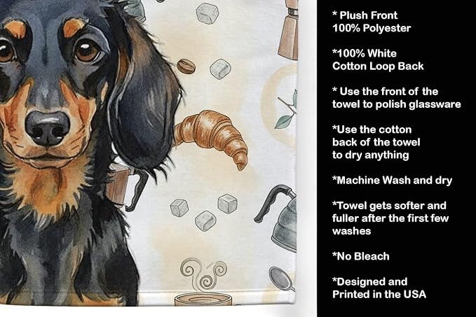 Caroline's Treasures Longhaired Black and Tan Dachshund Coffee Bar Kitchen Towel Velour Plush Front and Cotton Loop Back Machine Washable