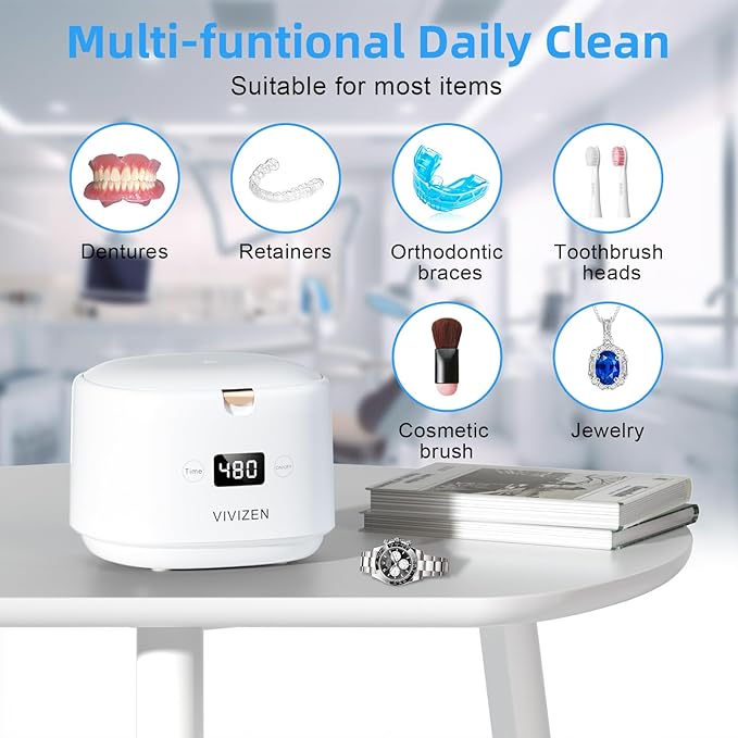 Ultrasonic Retainer Cleaner, Sonic Dental Cleaning Pod, Portable 30W/45kHz Machine for Dentures, Aligners, Braces, Mouth Guards, Jewelry, for All Dental Appliances (White)