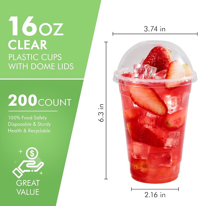 FOCUSLINE 200 PACK 16oz Clear Plastic Cups with Lids, Disposable Cold Drinking Cups, 16 Ounce Large Clear Cup with Dome Lids with Holes for Smoothie, Milkshake, Bubble Tea, Parfait