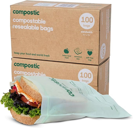 Compostic Compostable Sandwich Bags (200 Count) Bulk Pack — Resealable Zip-Seal, Plant-Based, Home Compostable, Freezer & Microwave Safe, BPA-Free, Non-Toxic, GMO-Free Food Storage Bags