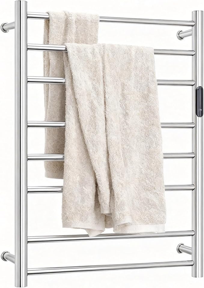 Luxury 8 Bars Towel Warmer Wall Mount Electric Plug-in/Hardwired Heated Towel Rack, Heated Towel Drying Rack with Timer & Temperature Multi-Level Adjustable (Mirror Polish Slivery, 8 Bars)