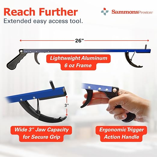 Sammons Preston Reacher, 26" Lightweight Grabber Reacher Tool with Magnetic Tip, Ergonomic Grip & Claw Jaw, Portable Reaching Aid for Seniors, Daily Living & Home Use, Standard Blue, 3 pack