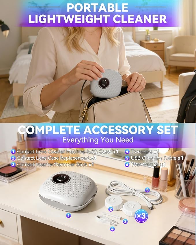 2025 Upgraded Ultrasonic Contact Lens Cleaner【50KHz Germany Super Motor】【Top1 Intelligent Chip-Smart Modes】 Gentle Cleaning & 99% Brightness, Portable Soft Contact Lens Care Tools Home Travel (Grey)