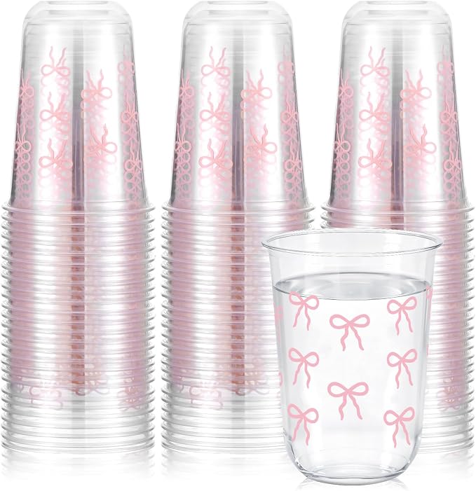 Ziliny 50 Pcs 16oz Pink Wavy Bow Cups Birthday Party Decorations Supplies Disposable Plastic Cups for Bachelorette Party Valentines Galentines Day Christmas Wedding Baby Shower