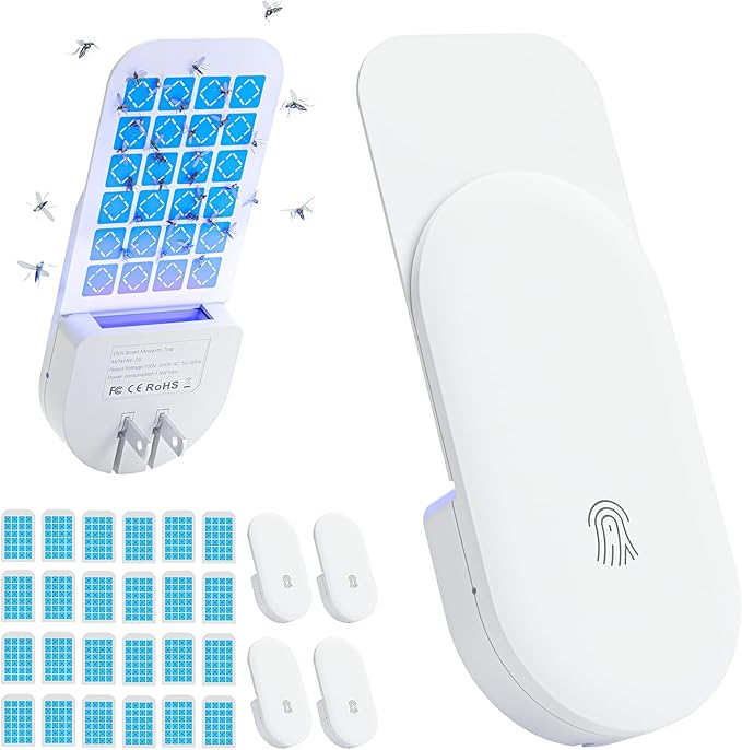 TIENBE Flying Insect Trap, 2 in 1 Indoor Plug-in Fruit Fly Trap, 4 Trap White and 24 Glue Cards, Fruit Fly Traps for Gnat, Moth, Mosquito, Suitable for Every Part of The Home