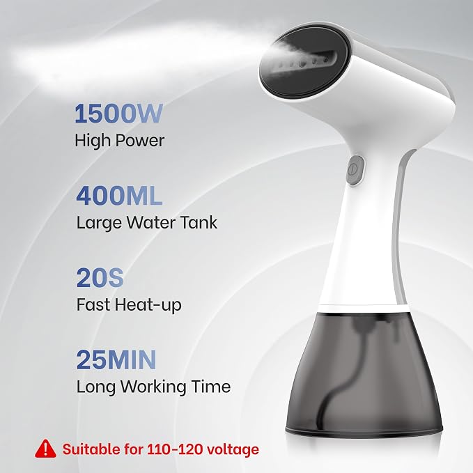 GS01 Handheld Clothes Steamer, 400ml Large Water Tank 1500W Fast Heat Up Portable Travel Wrinkle Remover (White)