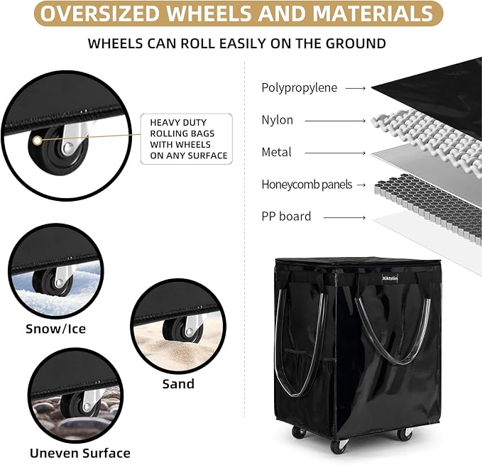Medium, Black Reusable Grocery Bags on 4 Wheels, 70L Foldable Rolling Tote, Shopping Trolley, Rolling Tote Bag for Groceries, Wide Zipper Shopping Cart with Wheels for Laundry,Market,Storage