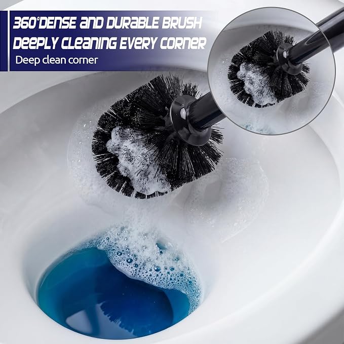 Reallnaive 4 Set Toilet Plunger and Brush Set with Ventilated Holder 2 in 1 Toilet Bowl Brush and Heavy Duty Plunger Combo Bathroom Cleaning Kit for Home and Commercial Bathrooms Drainage(Black)