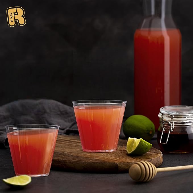 R-kay 9 Oz Clear Plastic Cups For Party - Clear Cups 100 Pack - Heavy Duty Disposable Cups/Tumblers - Plastic Wine Glasses For Parties Disposable - Plastic Cocktail Glasses - Party Cups Disposable