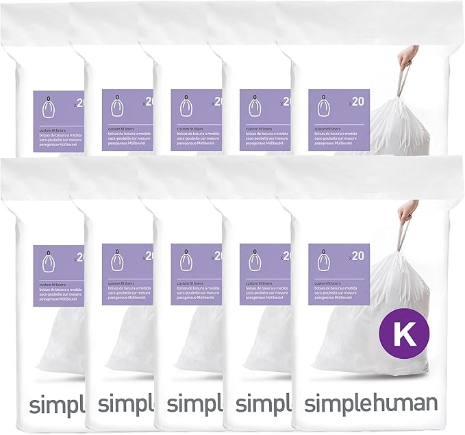 simplehuman Code K 200 Count, Dispenser Pack Custom Fit Liners, Drawstring Trash Bags, 35-45 Liter / 9-12 Gallon, White