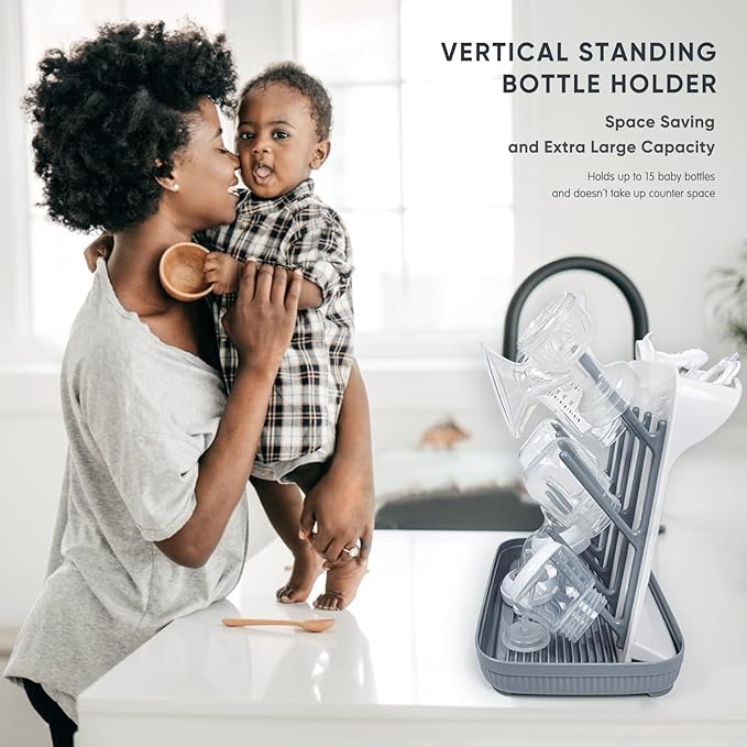Termichy Baby Bottle Drying Rack: Vertical Bottle Dryer Rack Holder with Brushes Set- Drying Rack & Nipple Scrubber-Space Saving Standing Drying Rack for Baby Bottles and Pump Part Cleaning