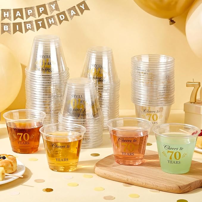 LemonRoad 100 Pack 70th Birthday Cup 9 oz Cheers to 70 Years Birthday Disposable Clear Plastic Cocktail Cups Hot Cold Beverage Drinks for Men Women Wedding Anniversary Decorations Party Favors