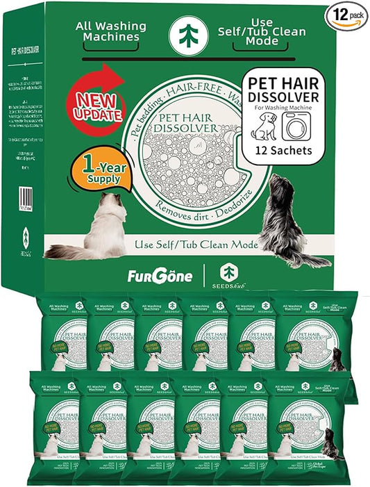 FURGONE by Seedshub Upgraded Pet Hair Dissolver Pro Washing Machine Cleaner Powder, Deep Cleaning Pet Bedding, 100g, 12 Sachets, Dog Cat Hair | Stain | Odor Remover for Laundry, No More Fur