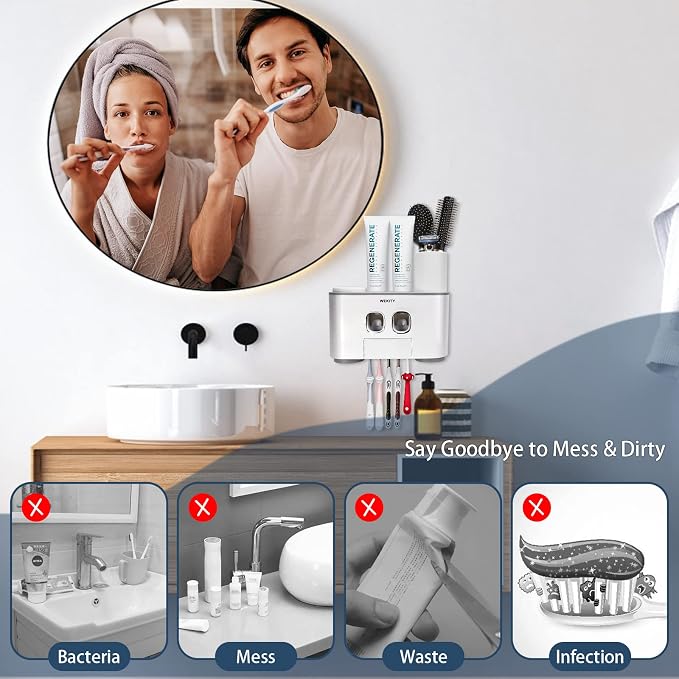 Toothbrush Holder Wall Mounted, WEKITY Multi-Functional Toothbrush and Toothpaste Dispenser for Bathroom, with 5 Toothbrush Slots and 4 Wall Adhesives, 2 Toothpaste Squeezers and 4 Cups