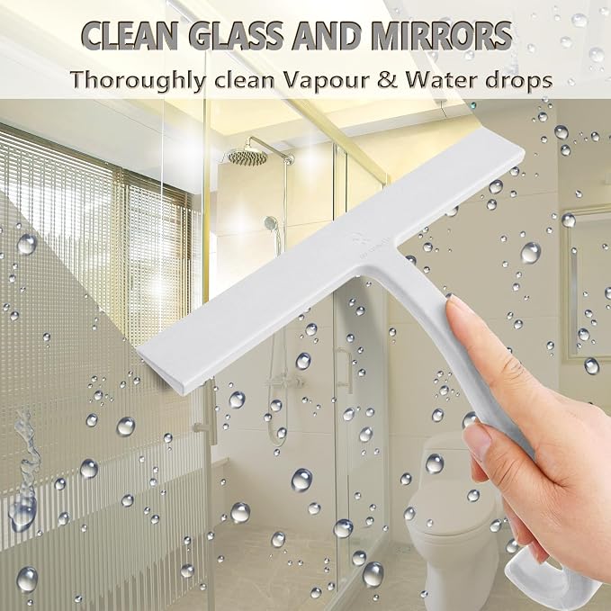 Hower Squeegee for Glass Doors – 10" Silicone Squeegee with Built-in Hook, One-Piece Seamless Design, Streak-Free & No-Scratch Window Cleaner for Bathroom, Mirrors & Tiles White