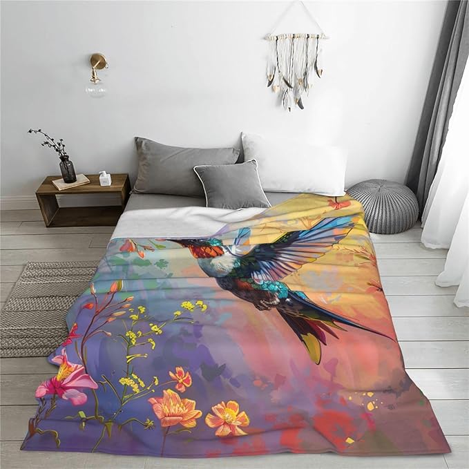 Hummingbird Flower Blanket Bird Floral Decor Throw Blanket Cozy Plush Flannel Fleece Warm Soft Lightweight Fuzzy Blanket Hummingbird Gifts for Women Girls Boys Teens for Bed Sofa Couch 50"X60"