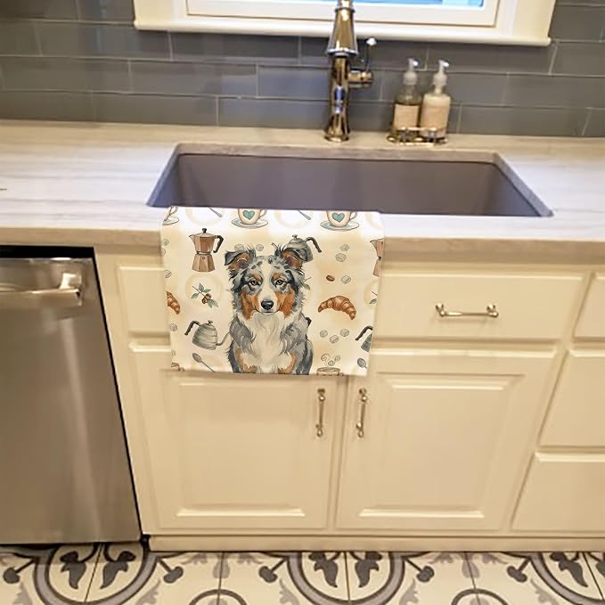 Caroline's Treasures Blue Merle American Shepherd Coffee Bar Kitchen Towel Velour Plush Front and Cotton Loop Back Machine Washable