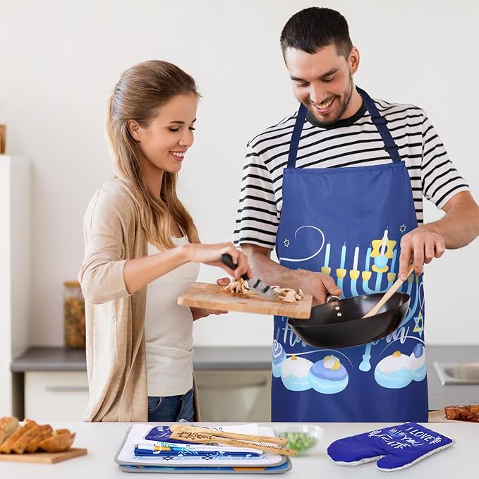 9 Pcs Hanukkah Kitchen Gift Include 1 Hanukkah Apron 2 Kitchen Towels 2 Wooden Spoons 1 Oven Mitts 1 Pot Holders 2 Dish Drying Mat Hanukkah Gifts for Home Decoration Chanukah Gift