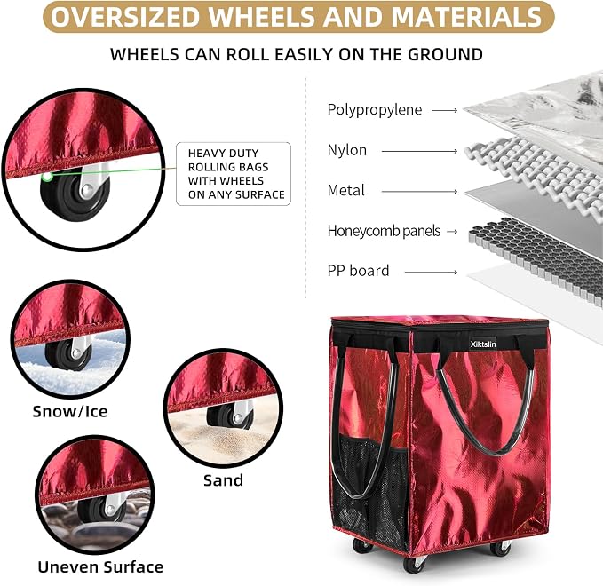 (Medium, Red) Reusable Grocery Bag on 4 Wheels, Foldable Rolling Tote Carries Up to 66lb Shopping Trolley, Rolling Bag with 3 Handles, Zipper Clouser Rolling Tote Bag with Wheels for Laundry