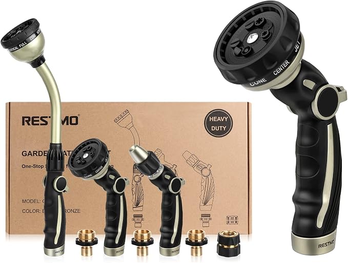 RESTMO Garden Watering Combo, Heavy Duty Hose Sprayer | Metal Hose Wand | High Pressure Hose Nozzle, Thumb Flow Control, Quick Connect Fittings Included, Easy to Reach Anywhere in Garden & Lawn