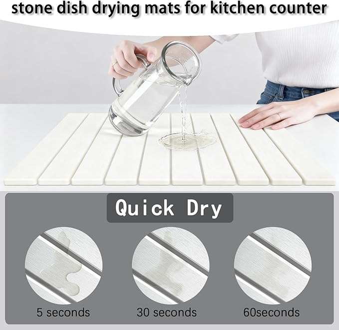 Stone dish drying mats for kitchen counter ，large 23.6"L x 15.4"W foldable diatomite dish stone drying mat, quick dry extra fast absorbent roll up rack, White/Black foldable stone dish drying mat