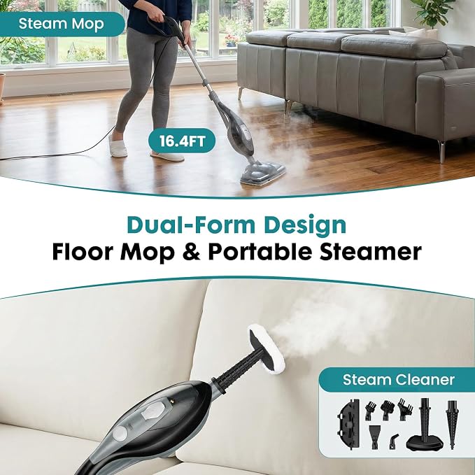 OLIXIS 10-in-1 Steam Mop, 1550W Detachable Handheld Steam Cleaner for Floor Cleaning, 16FT Cord, 2 Washable Pads, Multi-Purpose Floor Steamer for Hardwood, Carpet, Tile, Grout, Windows, Black Grey