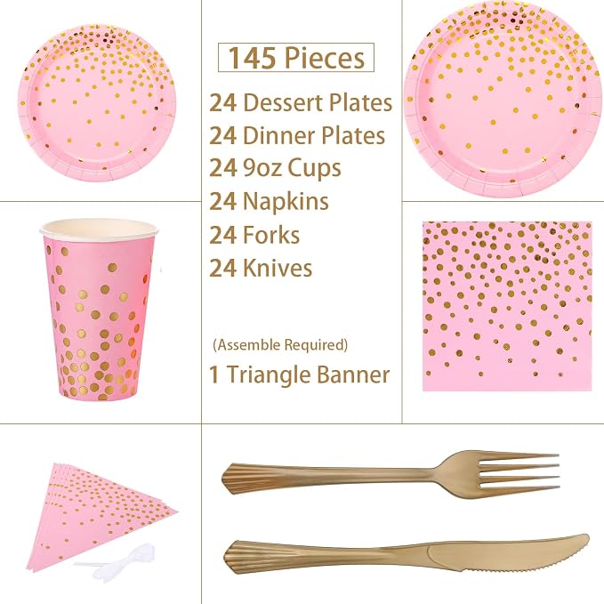 Pink and Gold Party Supplies 145PCS Golden Dot Paper Party Dinnerware Includes Paper Plates, Napkins, Knives, Forks, Cups, Banner, for Bachelorette, Girl Birthday, Baby Shower, Serves 24
