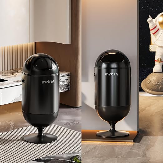 MRBIN Metal Trash Can with Lid, 5.3 Gallons / 20L Medium Decorative Waste Basket, Round Tall Garbage with High Leg for Bathroom, Office, Bedroom, Kitchen, Black
