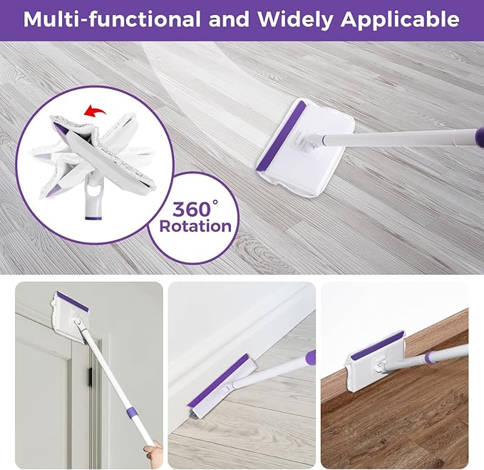 wlich Baseboard Cleaner Tool with Handle 2.0, 60" Extendable Long Handle, Dust Trapping and Locking, 5 Reusable Pads, Purple Base Boards Cleaning Tool for Moldings, Wall, Floor, Bathroom, Kitchen