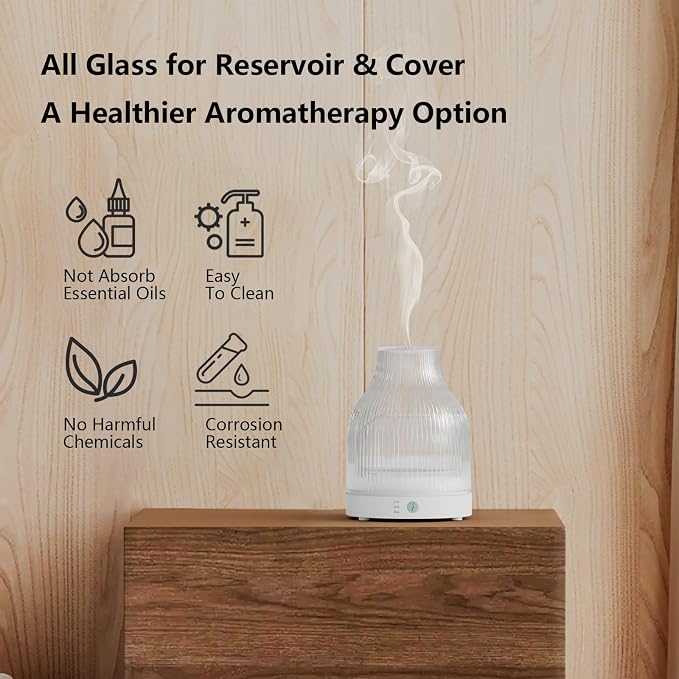 Elegant Glass Reservoir Essential Oil Diffuser 200ML, One Button Control Glass Diffuser with Rainbow Colors for Home Office Bedroom Gift