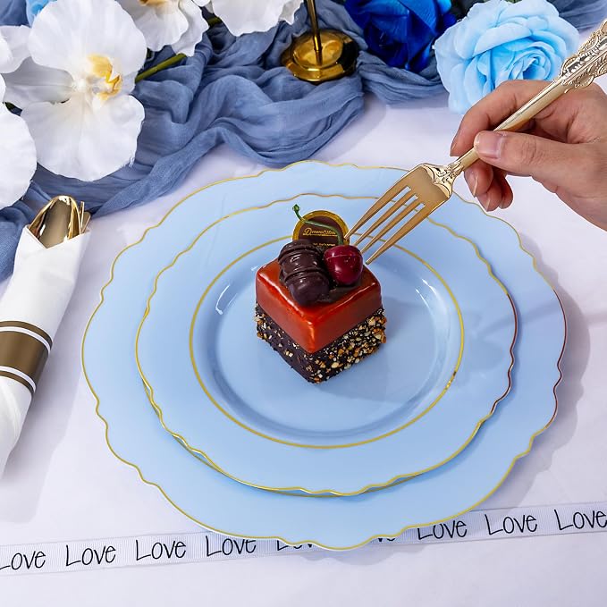 Liacere 350PCS Blue Plastic Plates - Disposable Blue and Gold Plates 50guest Baroque Plastic Dinnerware include 100Plates, 50Pack Pre Rolled Napkins with Silverware 50Cups for Wedding&Party