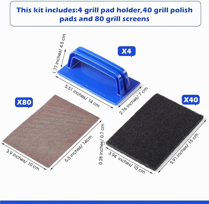 Reallnaive 124 Pcs Griddle Cleaning Kit Screen Holder Grill Screens Cleaning Pads Heavy Duty Abrasive Mesh Pads for Flat Tops, Cast Iron, Stainless Steel Griddle Cleaner Accessories Bundle (Blue)