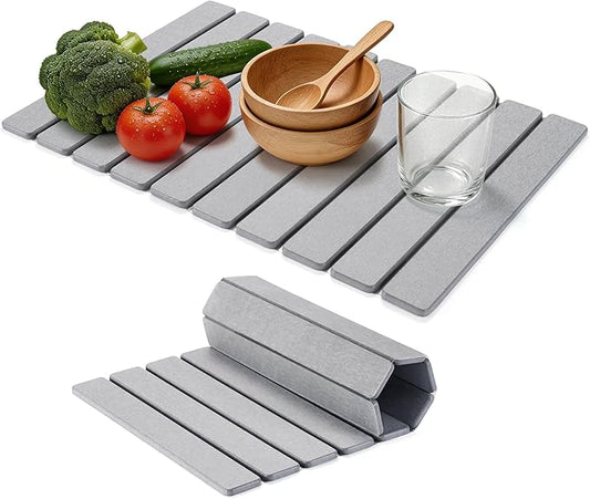 HABUTWAY Large Stone Dish Drying Mat for Kitchen Counter – 24"×16" Collapsible Diatomaceous Earth Mat, Ultra Absorbent & Quick Dry, Foldable Drying Pad for Dishes, Bottles, Cups (Light Grey)