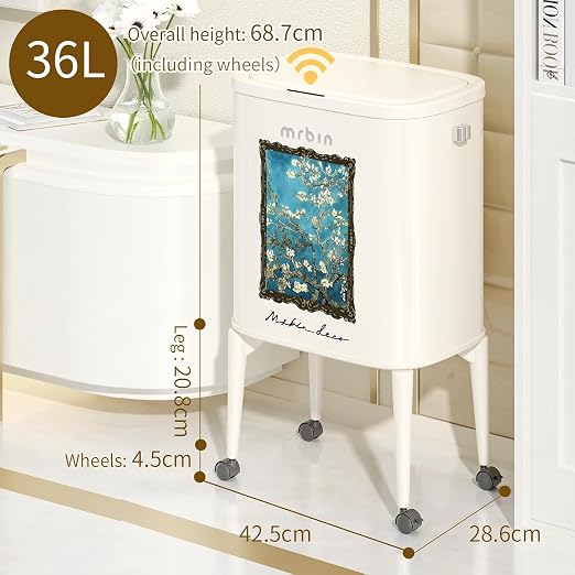 MRBIN Metal Motion Sensor Kitchen Trash Can with Wheel Legs, Medium Press Lid Slim Waste Basket 36L / 9.5gal, Narrow Garbage Pail for Vanity, Bedroom, Bathroom, Living Room, Almond Blossom